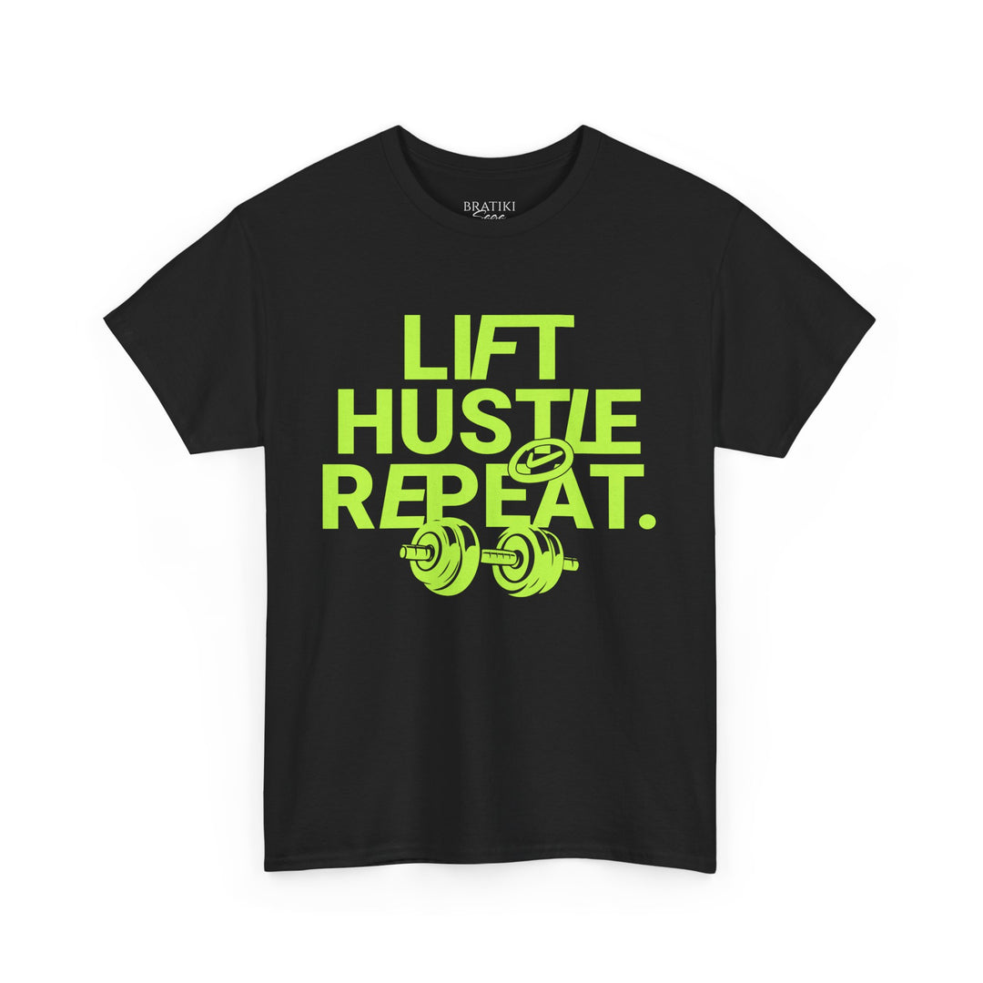 Lift Hustle Repeat Unisex Heavy Cotton Tee for Gym Enthusiasts